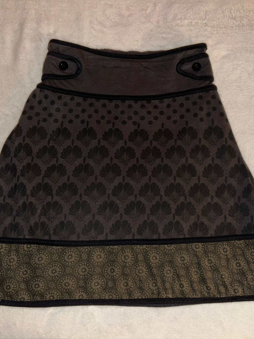 Jedzebel Boho A-Line Jersey Skirt, Size S, Brown & Olive Print